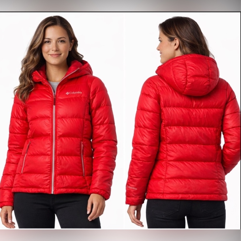 Columbia Omni Heat Womens Small Red Hooded Down PufferJacket Reflective Lining